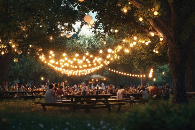 Photo a group of people are sitting at a table with lights hanging from it