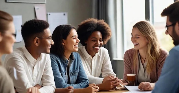 a group of people are sitting at a table with a paper with the word quot on it quot