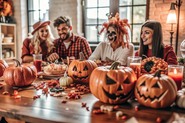 a group of people are sitting at a table with pumpkins and pumpkins