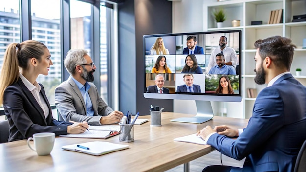 Photo a group of people are sitting at a table with a tv in the background