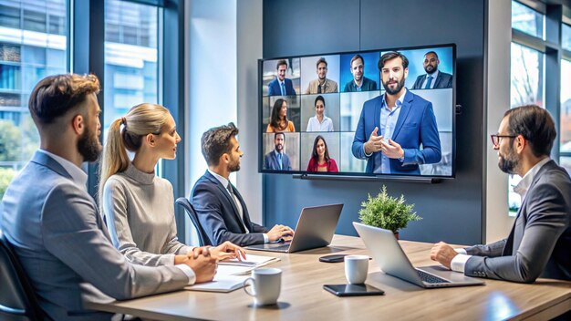 a group of people are sitting at a table with a tv and a monitor showing a presentation about the co