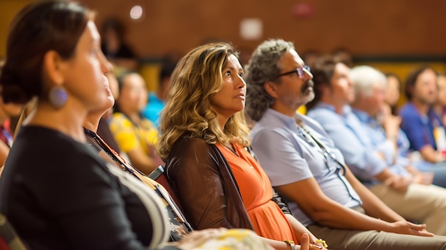 A group of people are sitting in a theater watching a presentation The woman in the center is looking at the stage