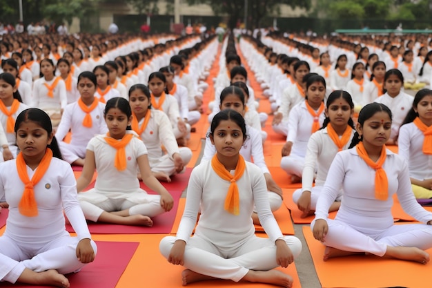 A group of people are sitting on a yoga mat and one is wearing an orange scarf International Day o