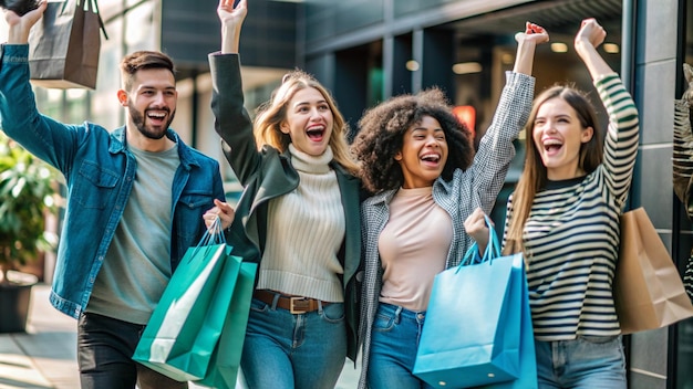 Photo a group of people are smiling and holding shopping bags black friday