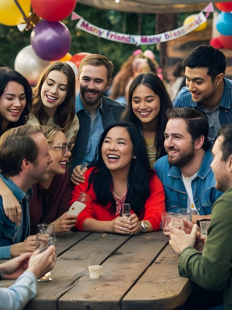 a group of people are smiling and laughing at a table with a birthday cake in the middle