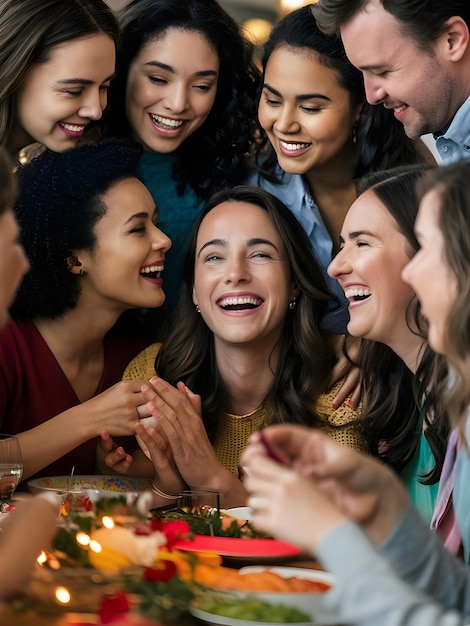 a group of people are smiling and laughing together