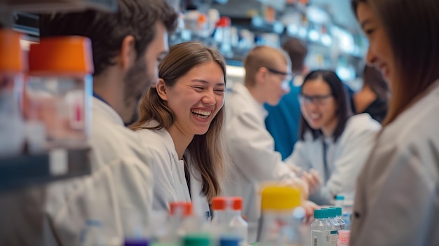 a group of people are smiling and looking at a lab filled with flasks