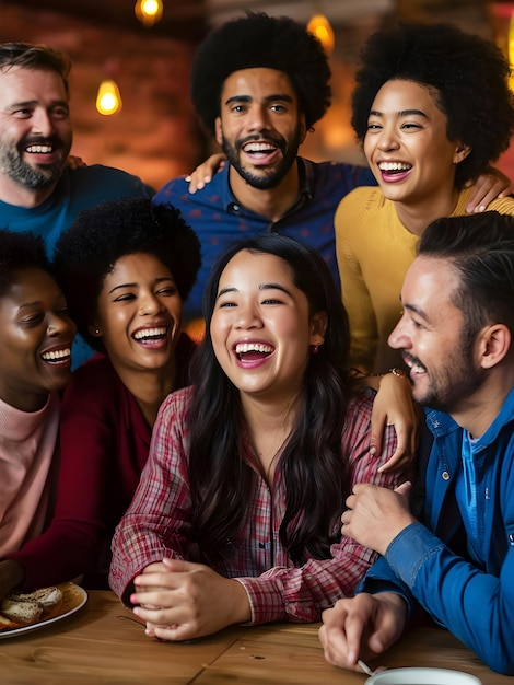 a group of people are smiling and one has a blue shirt that says im not sure what it is