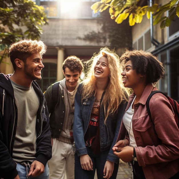 a group of people are smiling and one of them is wearing a red shirt.