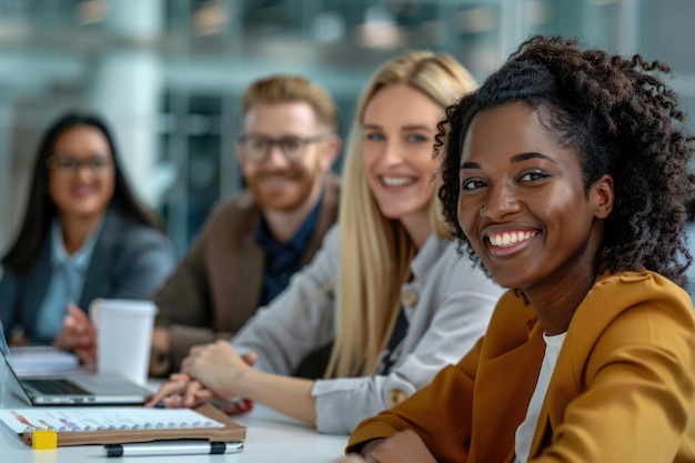 A group of people are smiling and sitting around a table with a laptop