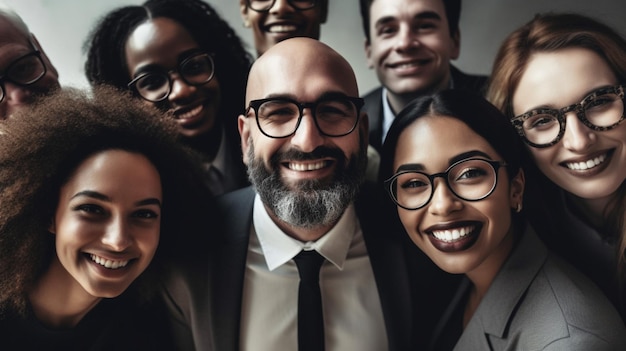 A group of people are smiling and wearing glasses and a black tie.