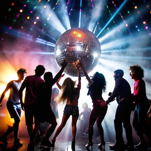 a group of people are on a stage with a disco ball and the word disco on it