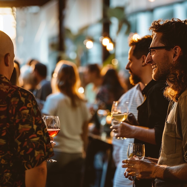 a group of people are standing around a bar with drinks in front of them