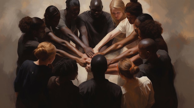 a group of people are standing around each other with their hands together