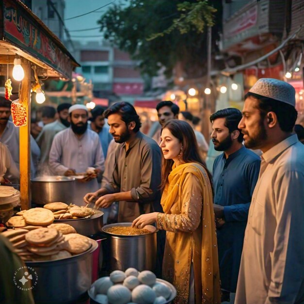 Photo a group of people are standing around a food cart