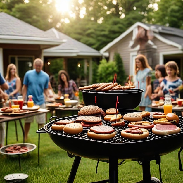 a group of people are standing around a grill with hot dogs and buns