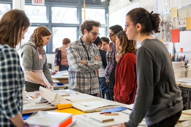 Photo a group of people are standing around a table with books and papers