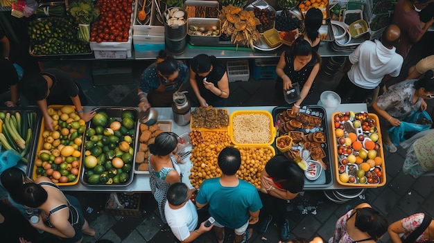 Photo a group of people are standing around a table with food and fruits