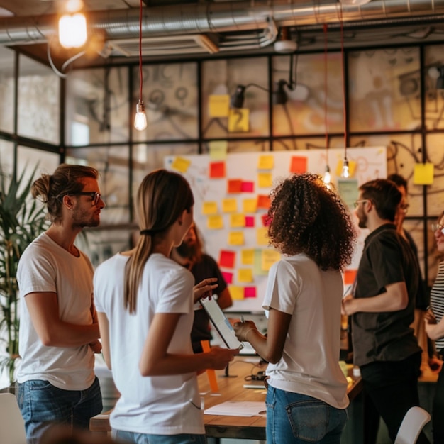 a group of people are standing around a table with a paper on it