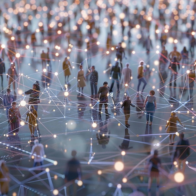 a group of people are standing around a web of dots