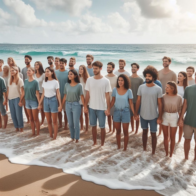 a group of people are standing on the beach one of which is wearing a white shirt