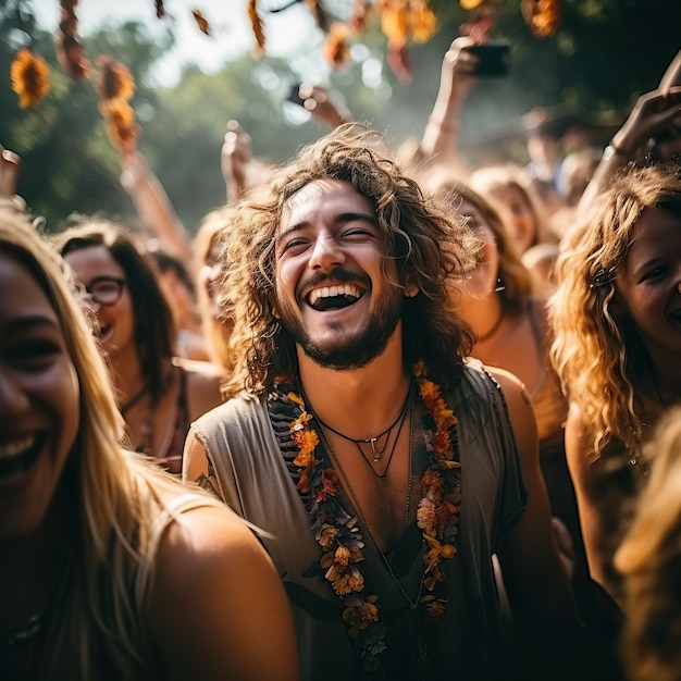 a group of people are standing in a circle and one has a smile on his face