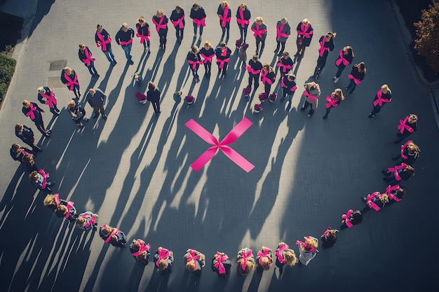 a group of people are standing in a circle with a pink x in the middle