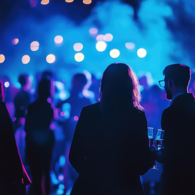 Photo a group of people are standing in a club with a blue light in the background