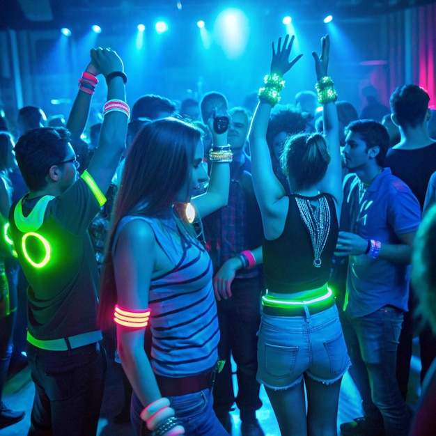 a group of people are standing in a club with neon lights around them