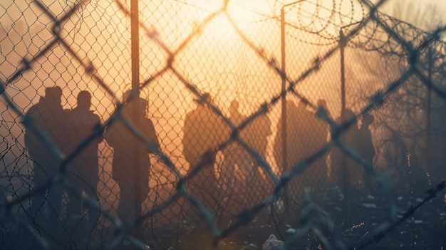 A group of people are standing behind a fence