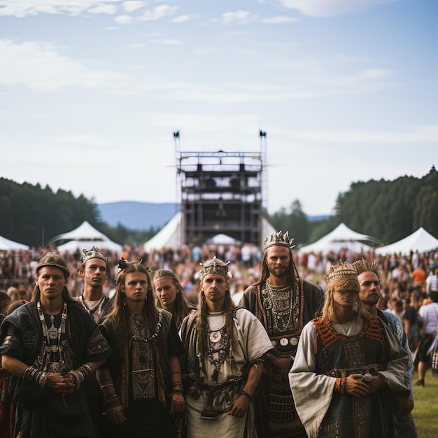 a group of people are standing in a field with a large stage in the background