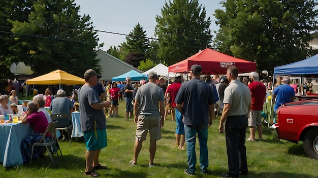 Photo a group of people are standing in a field with a red tent in the background