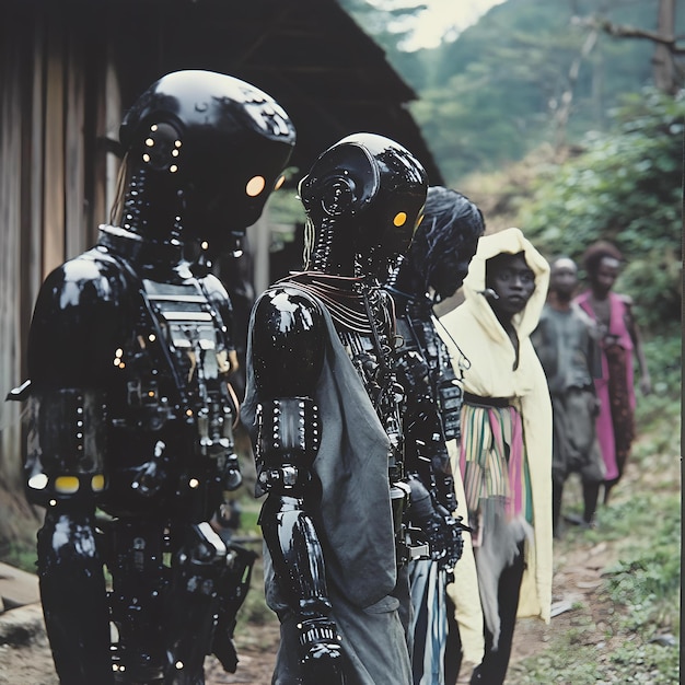 Photo a group of people are standing in front of a building with a black robot on the front