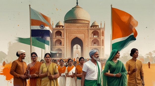 Photo a group of people are standing in front of a building with flags that say quot saris quot