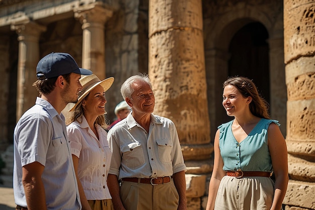 a group of people are standing in front of a building with a man wearing a hat