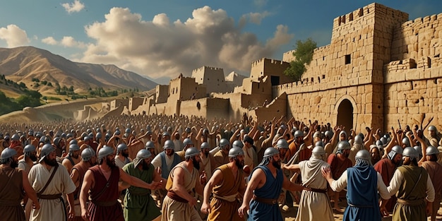 a group of people are standing in front of a building with mountains in the background