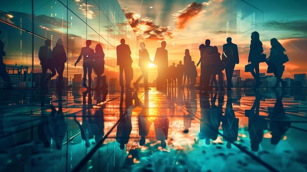 a group of people are standing in front of a building with the sun behind them