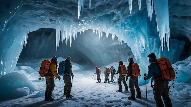 a group of people are standing in front of a cave with icebergs