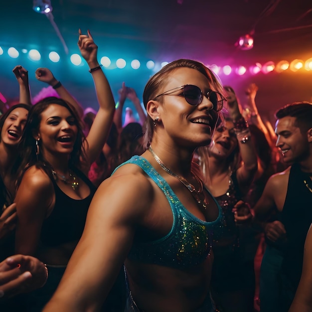 a group of people are standing in front of a colorful light