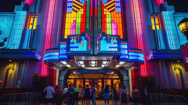 Photo a group of people are standing in front of a colorful stained glass window