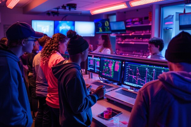 Photo a group of people are standing in front of a computer screen