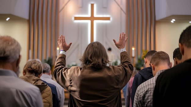 Photo a group of people are standing in front of a cross