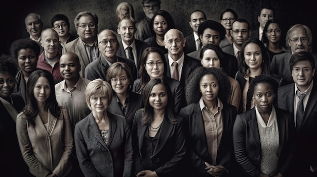 A group of people are standing in front of a dark background.