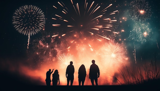 Photo a group of people are standing in front of fireworks with fireworks in the background