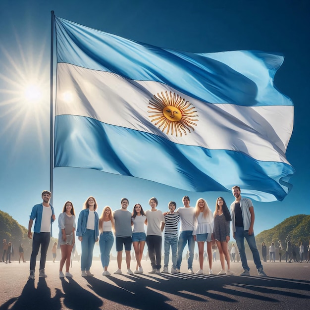 Photo a group of people are standing in front of a flag that says quot sun quot