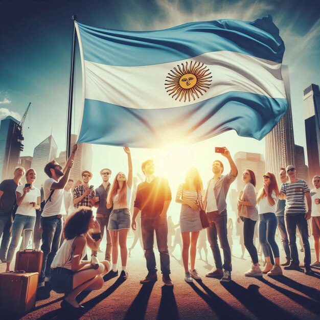 Photo a group of people are standing in front of a flag that says quot sun quot