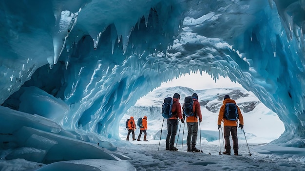 a group of people are standing in front of an ice cave