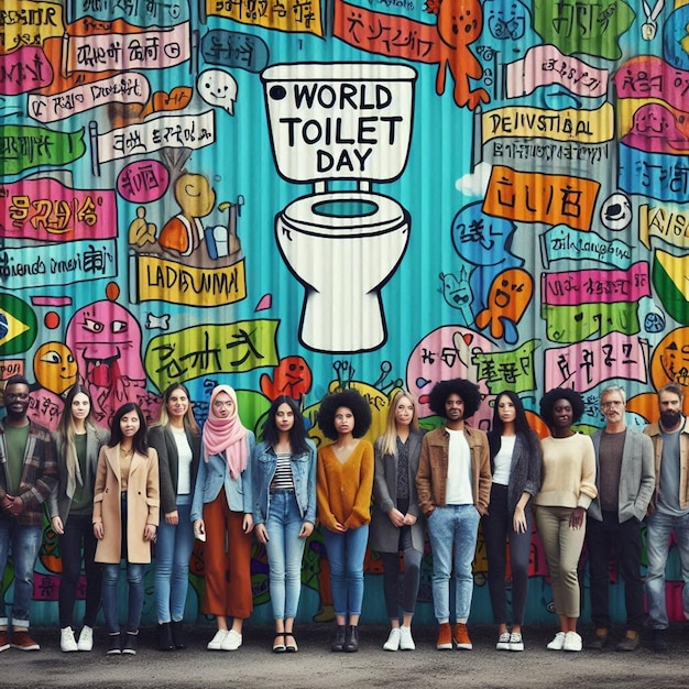 Photo a group of people are standing in front of a mural that says world day