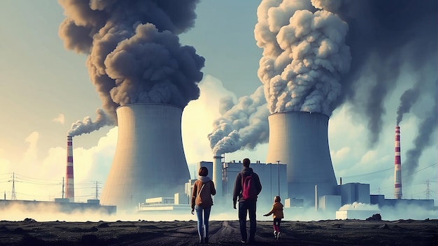 A group of people are standing in front of a nuclear power plant with smoke coming out of the coolin