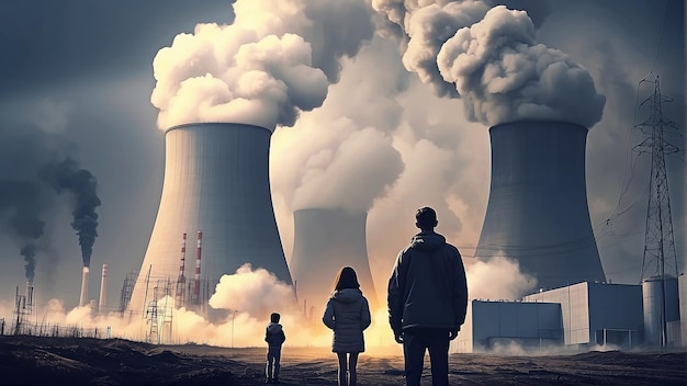 A group of people are standing in front of a nuclear power plant with smoke coming out of the coolin